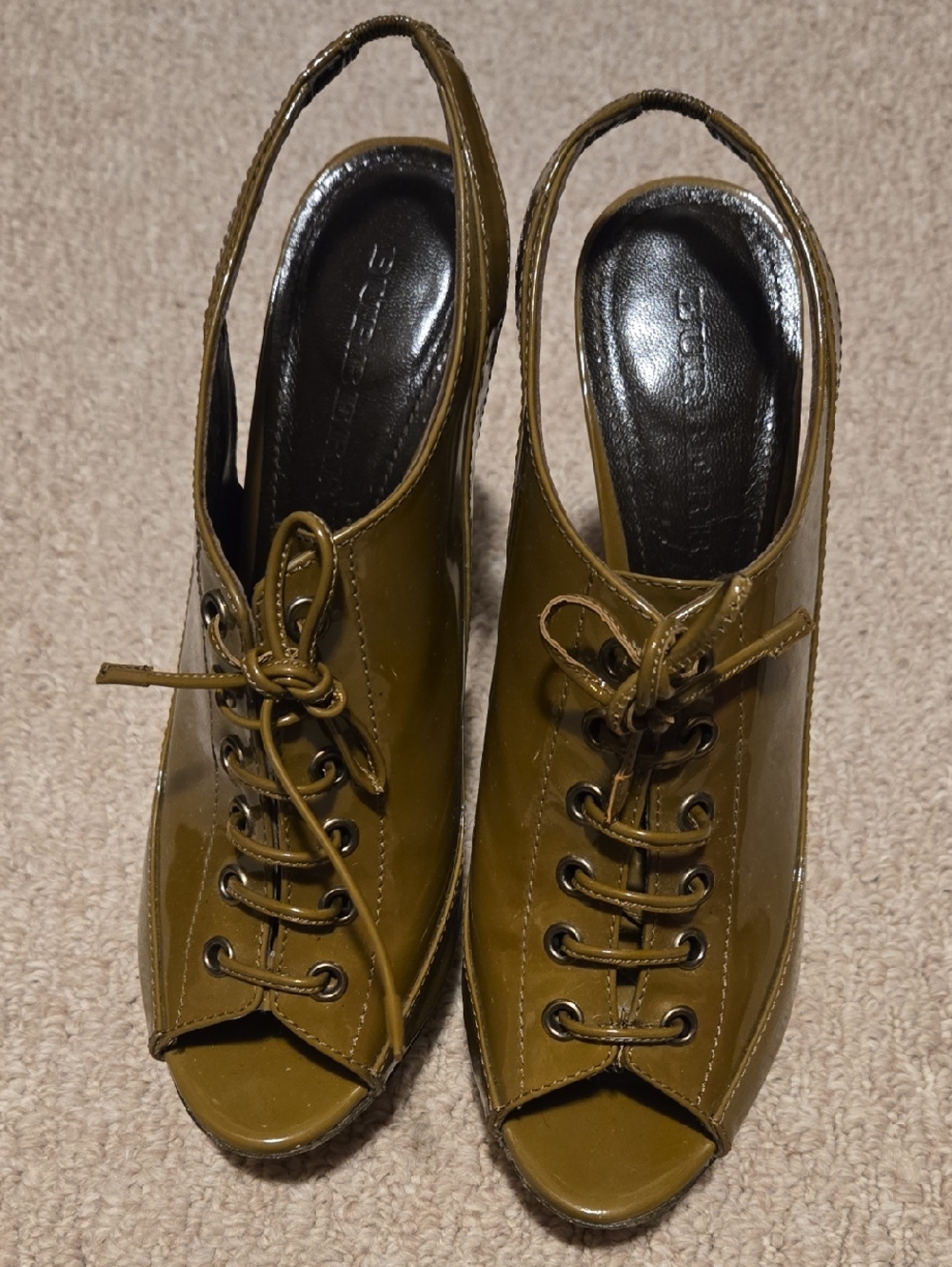 Burberry Womens Olive Green Peep-Toe Lace-Up Slingback Heels